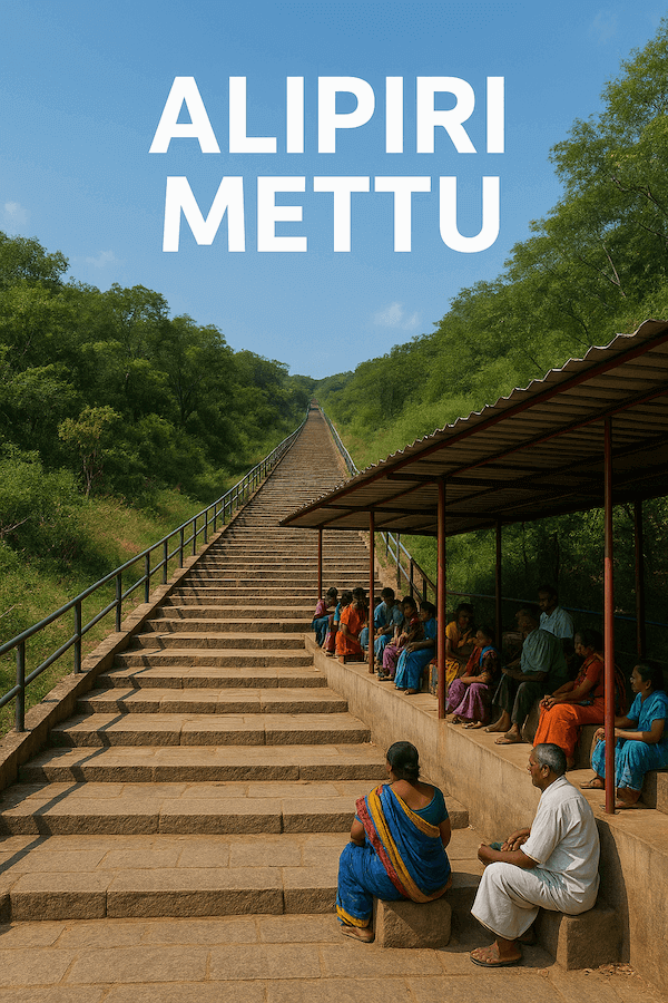 Pilgrims resting at shaded shelters along Alipiri Mettu pathway