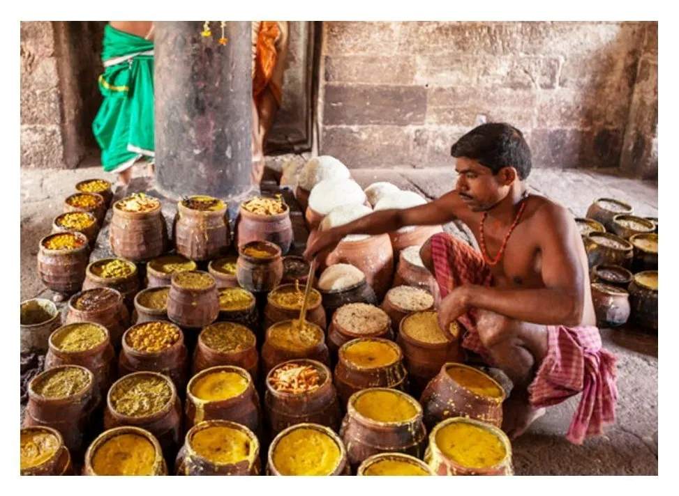 Preparation of Mahaprasad at Jagannath Temple Puri with earthen pots cooked in the temple kitchen