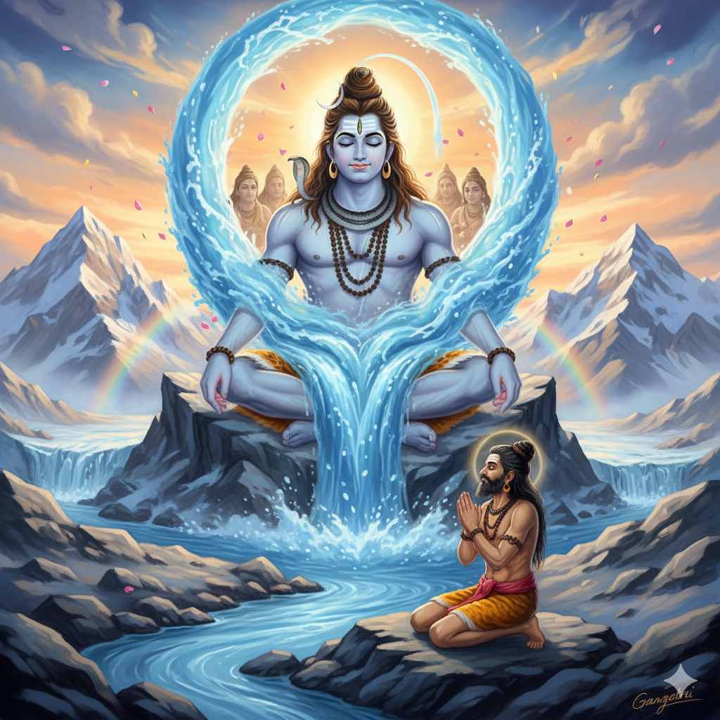 Lord Shiva in deep meditation releasing the River Ganga from his matted hair as King Bhagiratha prays in the Himalayas