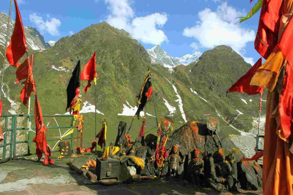 Bhairavanath Temple near Vaishno Devi set against the majestic Himalayan mountains