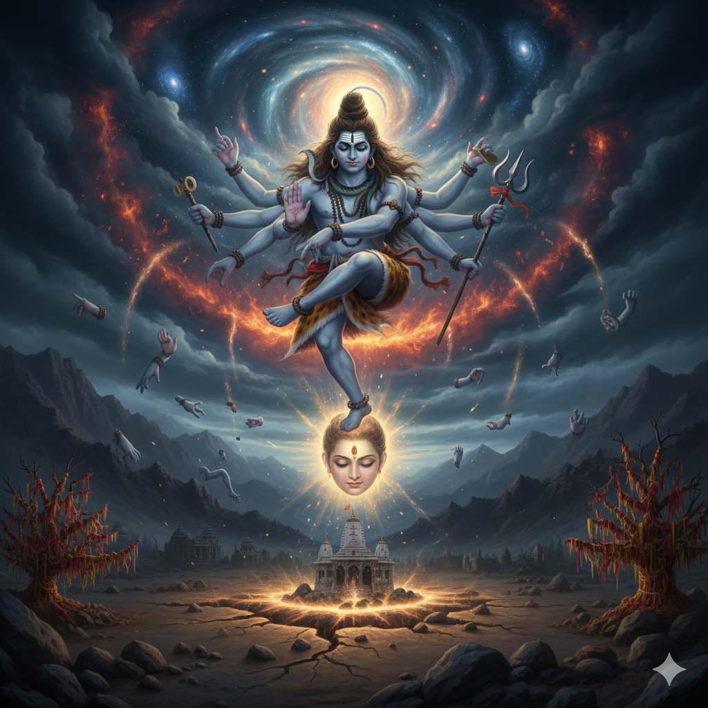 Lord Shiva performing the Tandava as Goddess Sati’s head falls, symbolizing the origin of Shakti Peethas in Hindu mythology.