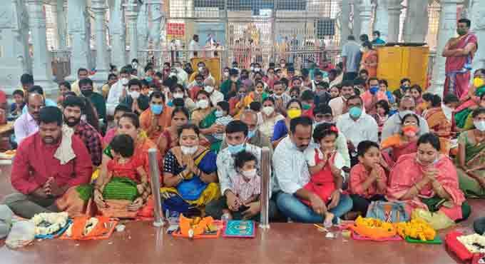 Basara Saraswati Temple Aksharabhyasam ceremony with families and children performing vidyarambham ritual