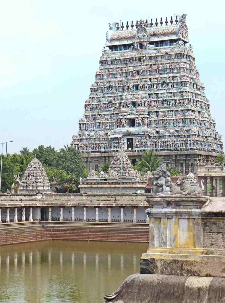 Chidambaram temple tank with gopuram reflection Tamil Nadu temple view