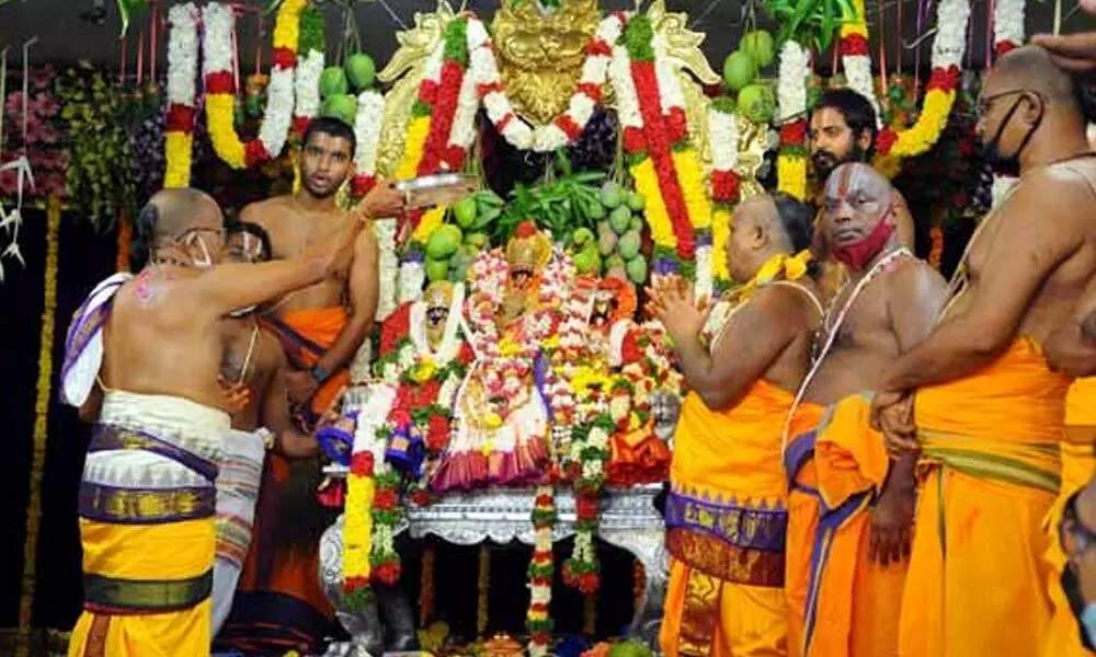 Priests performing Sri Rama Navami rituals at Bhadrachalam Temple