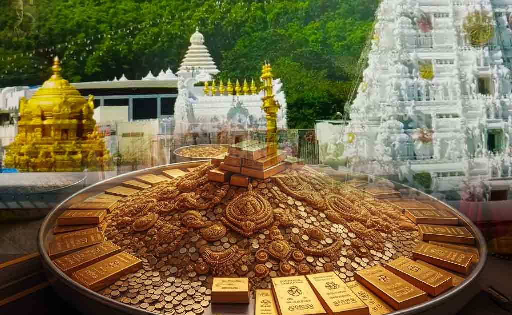 Gold coins and ornaments offered as donations at Tirumala Venkateswara Temple