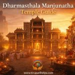 Dharmasthala Manjunatha Temple in golden light with devotees, Bahubali statue and Shiva Linga Karnataka