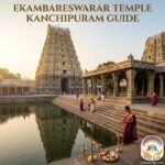 Ekambareswarar Temple in Kanchipuram featuring towering gopuram, temple tank reflection, and devotees performing rituals during sunrise