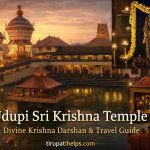 Udupi Sri Krishna Temple at golden hour with temple chariots, sacred pond reflection, and Lord Krishna idol inset