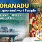 Horanadu Annapoorneshwari Temple Karnataka featured image with goddess idol, temple entrance and tirupatihelps.com logo