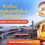 Kollur Mookambika Temple featured image with goddess idol, temple view and Tirupati Helps logo