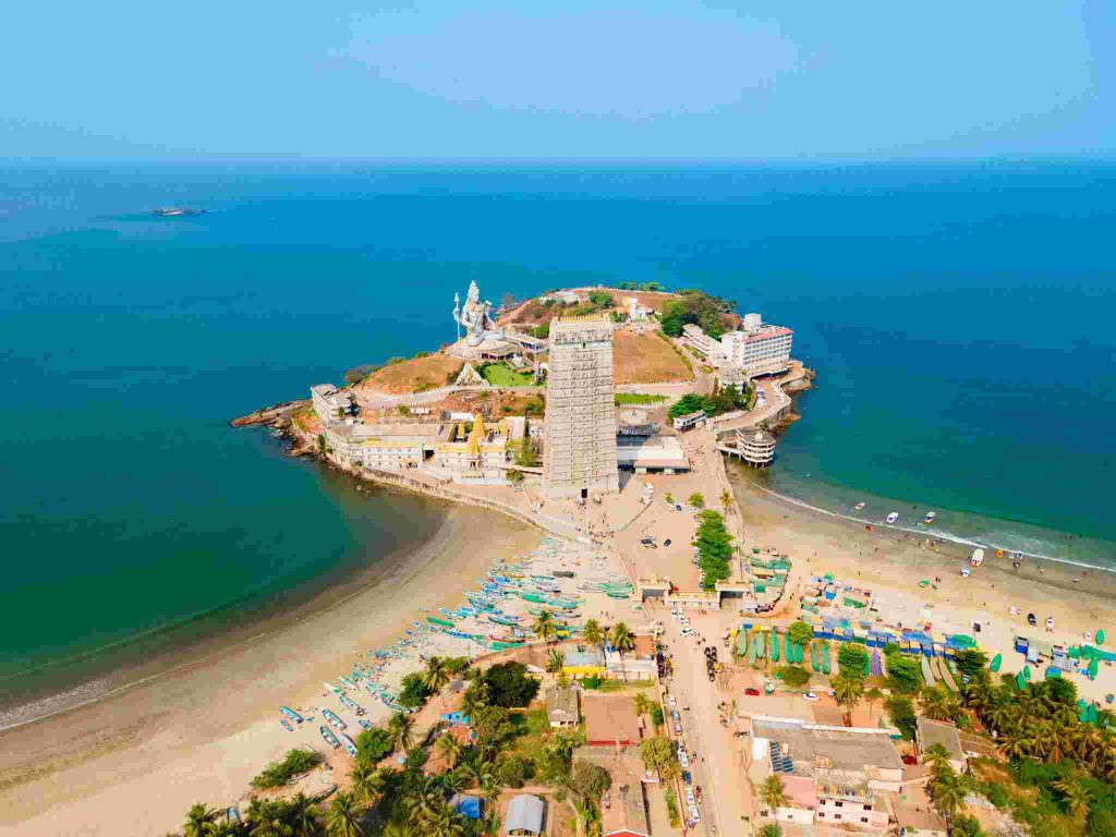 Murudeshwar Temple aerial island view surrounded by Arabian Sea Karnataka