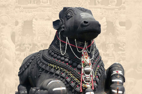 Large Nandi statue on Chamundi Hills Mysuru decorated with ornaments and sacred threads