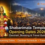Shabarimala Temple Opening Dates 2026 banner with Lord Ayyappa idol and devotees crowd at Sabarimala Kerala