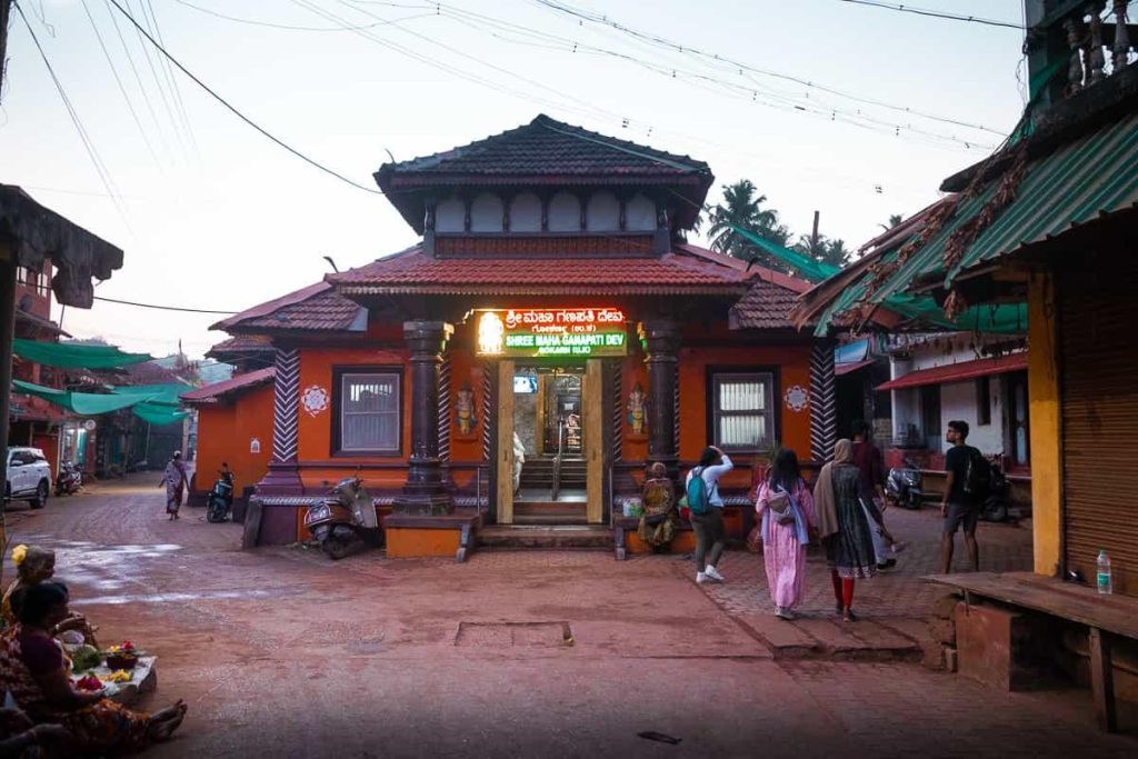 Sri Maha Ganapathi Temple Gokarna entrance with devotees and street view