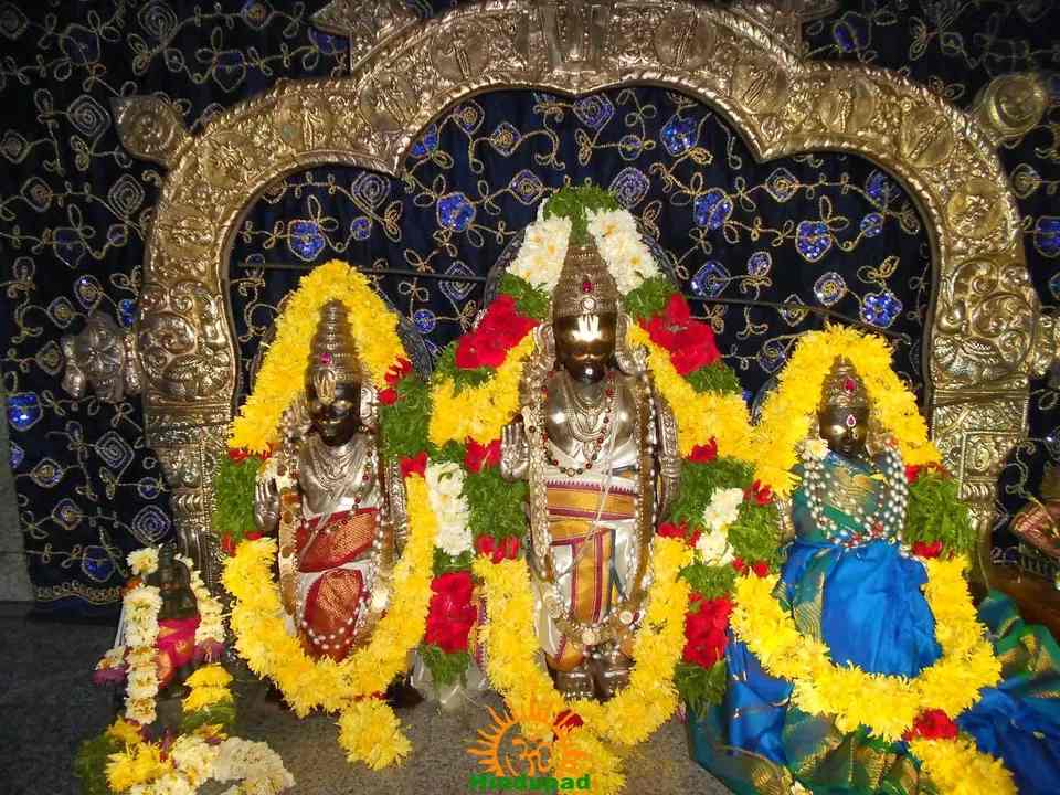 Chilkur Balaji Temple idol of Lord Venkateswara with Sridevi and Bhudevi decorated with flowers
