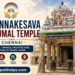 Featured image of Chennakesava Perumal Temple Chennai with temple entrance, sculptures, Tirupati Helps logo, and website address tirupatihelps.com