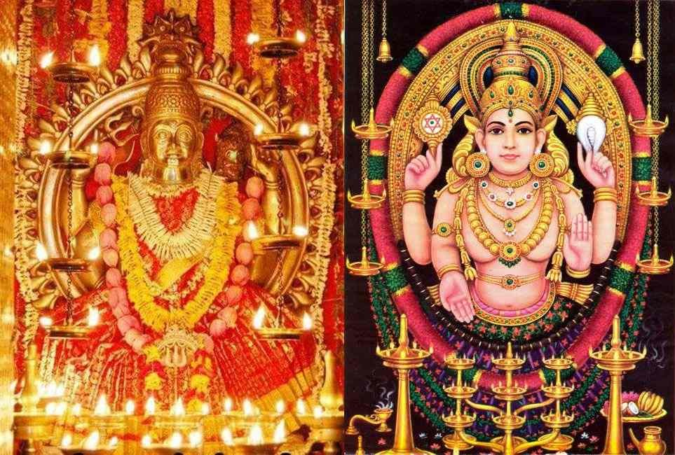 Divine image of Goddess Bhagavathy worshipped at Chottanikkara Temple adorned with lamps and ornaments.
