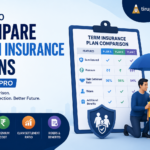 Illustration showing how to compare term insurance plans with coverage, premium cost, claim settlement ratio, and rider benefits, featuring a protected family and TirupatiHelps.com branding.