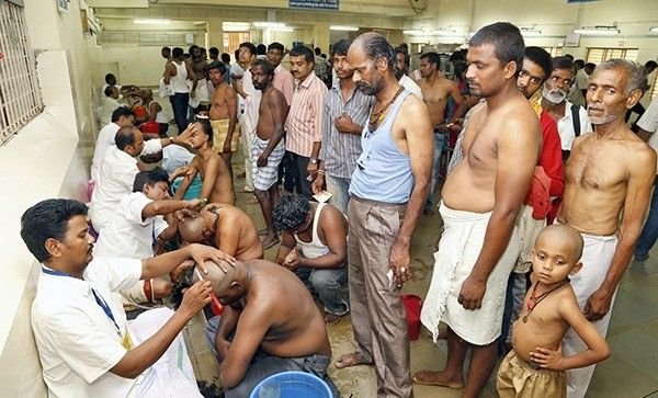 Pilgrims waiting and undergoing tonsure at Tirumala Kalyanakatta before darshan of Lord Venkateswara Swamy.
