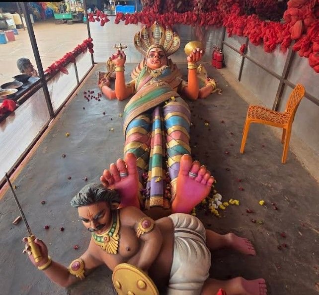 Unique reclining form of the goddess displayed at Kateramma Temple during religious celebrations.