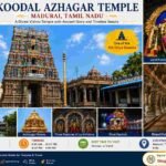 Koodal Azhagar Temple infographic with temple architecture, deity images, timings, and travel information in Madurai
