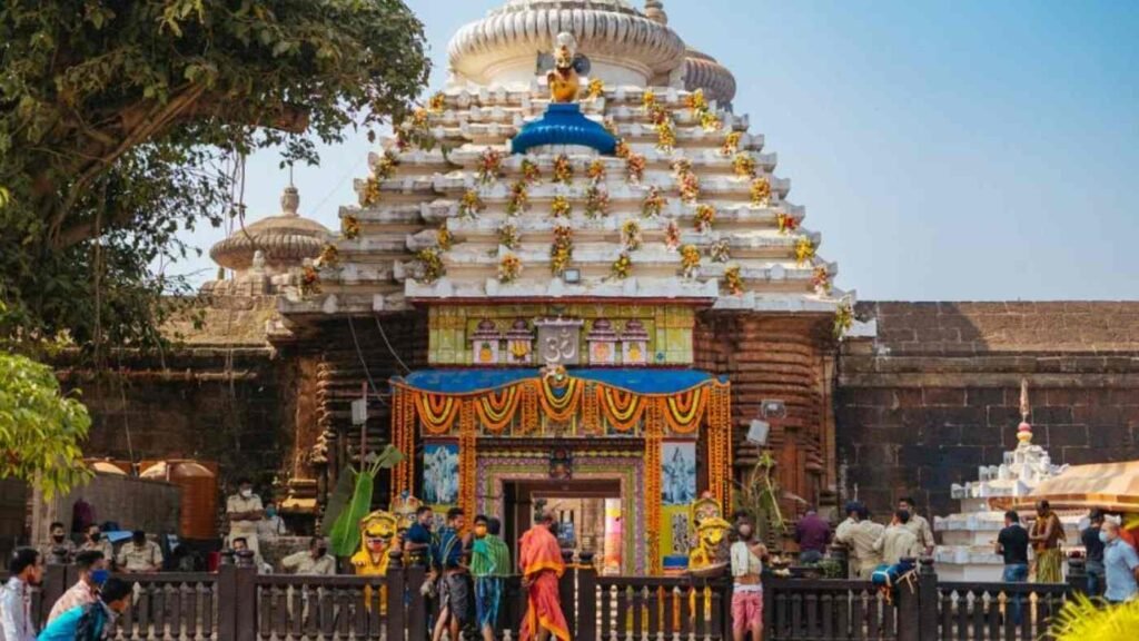 Main entrance of Lingaraj Temple Bhubaneswar decorated during religious celebrations in Odisha