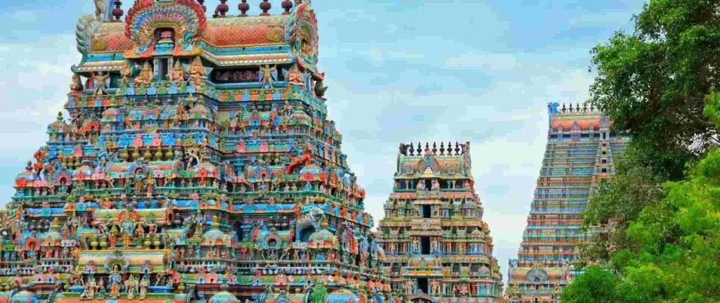 Colorful gopurams of Sri Ranganathaswamy Temple in Srirangam Tamil Nadu