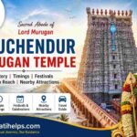 Tiruchendur Murugan Temple featured image with Tirupati Helps logo and Lord Murugan near seaside temple gopuram