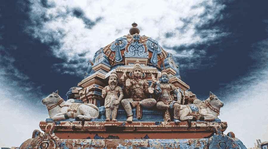 Decorative temple dome and deity sculptures at Chennakesava Perumal Temple Chennai