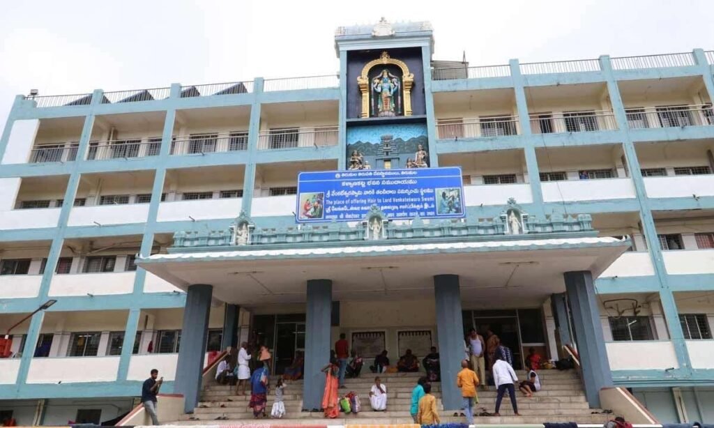 Front view of Tirumala Kalyanakatta complex where devotees offer hair to Lord Venkateswara before darshan.