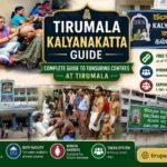 Tirumala Kalyanakatta Guide featured image showcasing tonsuring centres, female barbers, devotees offering hair, Kalyanakatta buildings, and essential facilities available for pilgrims in Tirumala.