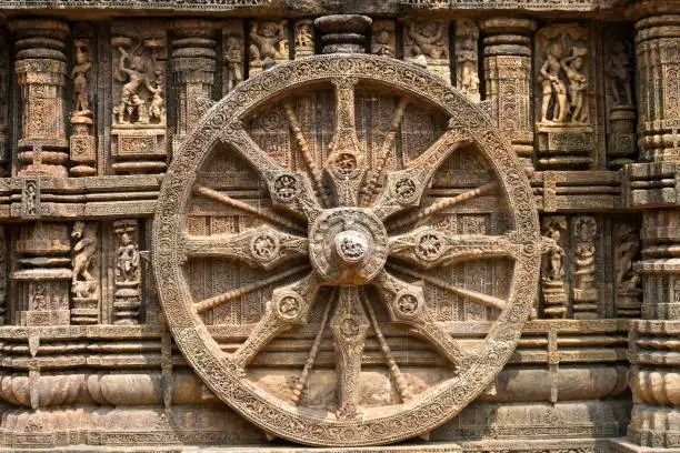 Intricately carved stone wheel at Konark Sun Temple representing the ancient sundial design.