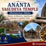 Featured image of Ananta Vasudeva Temple in Bhubaneswar, Odisha, showcasing its ancient Kalinga architecture, sacred Mahaprasad, aerial temple view, and Tirupati Helps branding.