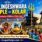 Kotilingeshwara Temple Kolar featured image showcasing the giant Shiva Linga, Nandi statue, thousands of Shiva Lingas, sacred Trishul, and Tirupati Helps branding.