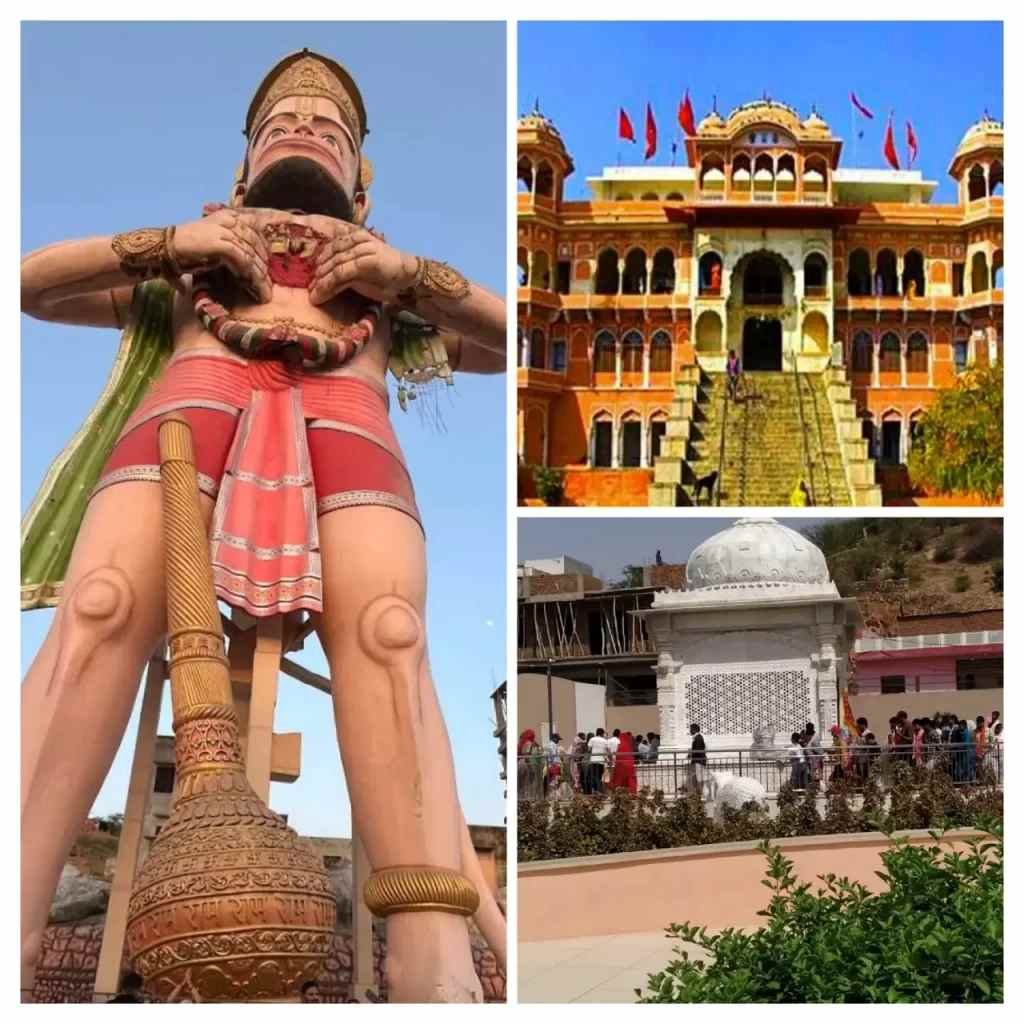 Giant Hanuman statue and temple complex at Mehndipur Balaji Temple in Rajasthan, a famous spiritual healing destination.