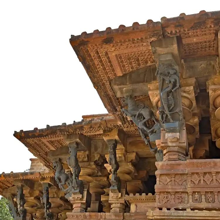 Intricately carved brackets and pillars of Ramappa Temple displaying exquisite Kakatiya architectural craftsmanship.