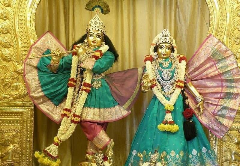 Beautifully adorned Sri Sri Radha Krishna deities worshipped at ISKCON Bangalore temple.