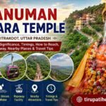 Featured image of Hanuman Dhara Temple in Chitrakoot, Uttar Pradesh, showcasing Lord Hanuman's sacred idol, ropeway, hilltop temple, and Tirupati Helps branding.
