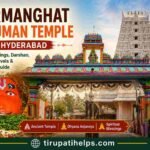 Featured image of Karmanghat Hanuman Temple Hyderabad showing the temple entrance, sacred Hanuman idol, white Rajagopuram, Tirupati Helps logo, and complete visitor guide information.