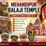Featured image of Mehandipur Balaji Temple travel guide showcasing Balaji Maharaj, Chand Baori, temple entrance, nearby attractions, and Tirupati Helps branding.