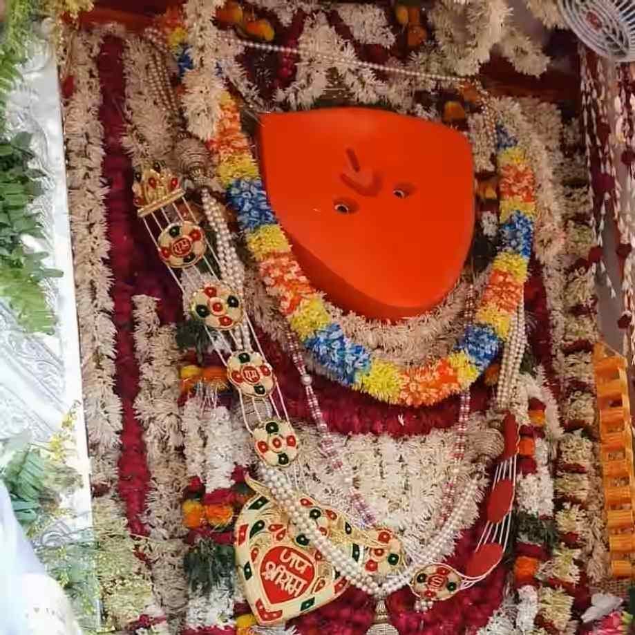 Close-up view of the sacred Lord Hanuman idol decorated with floral garlands inside Sankat Mochan Hanuman Temple, Varanasi.